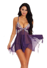 Front closed babydoll lace V-neck silk pajamas