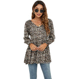 Long Puff Sleeve Tops Women Flowers Print Casual V-Neck Blouse T-Shirts Babydoll Tops